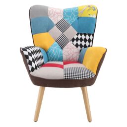 Living and Home Patchwork Linen Colorful Upholstered Armchair in Blue - thumbnail 3