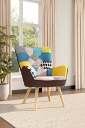 Living and Home Patchwork Linen Colorful Upholstered Armchair in Blue - thumbnail 2