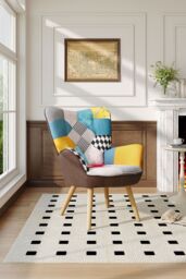 Living and Home Patchwork Linen Colorful Upholstered Armchair in Blue - thumbnail 1