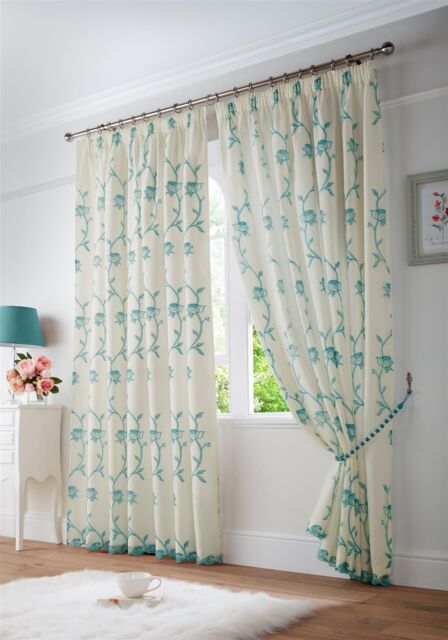 Luxury Living Exe Embroidery Lined Voile Curtains in Teal - Size: 148 cm width x 229 cm drop - image 1