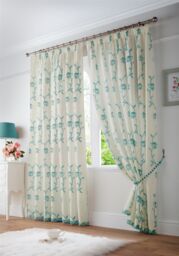 Luxury Living Exe Embroidery Lined Voile Curtains in Teal - Size: 148 cm width x 229 cm drop - thumbnail 1