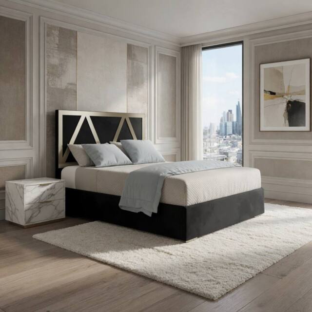 Casani Warrington Upholstered Soft Velvet Black Metal Designer Bed Frame - Size: Small Double - image 1