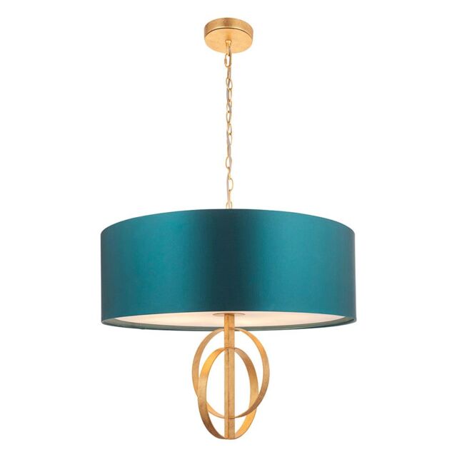 Loops Antique Gold Ceiling Pendant Light & Teal Satin Shade - 5 Bulb Hanging Fitting - image 1