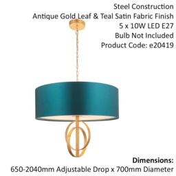 Loops Antique Gold Ceiling Pendant Light & Teal Satin Shade - 5 Bulb Hanging Fitting - thumbnail 2