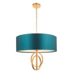 Loops Antique Gold Ceiling Pendant Light & Teal Satin Shade - 5 Bulb Hanging Fitting