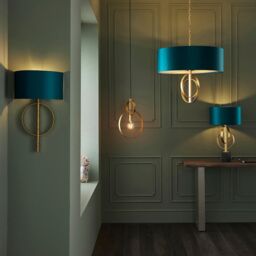 Loops Antique Gold Ceiling Pendant Light & Teal Satin Shade - 5 Bulb Hanging Fitting - thumbnail 4