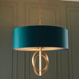 Loops Antique Gold Ceiling Pendant Light & Teal Satin Shade - 5 Bulb Hanging Fitting - thumbnail 3