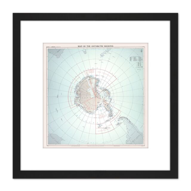 Artery8 Antarctic Regions 1962 Map 8X8 Inch Square Wooden Framed Wall Art Print Picture with Mount in Black - image 1
