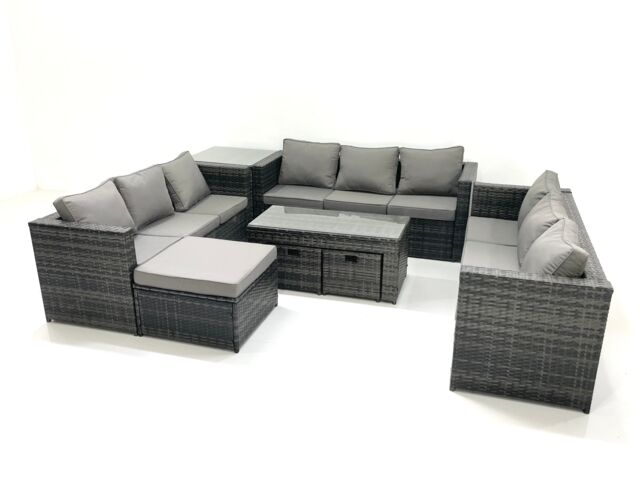 Fimous Outdoor Garden Furniture Set 8 Pieces Rattan Sofa Set with Coffee Table 3 Footstools Side Table Dark Grey Mixed - image 1