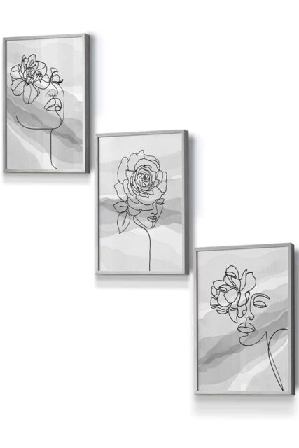 ARTZE Set of 3 Light Grey Framed Female Line Art Floral Faces on Grey Wall Art - Size: W53 cm x H73 cm x D20mm - image 1