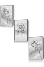 ARTZE Set of 3 Light Grey Framed Female Line Art Floral Faces on Grey Wall Art - Size: W53 cm x H73 cm x D20mm - thumbnail 1