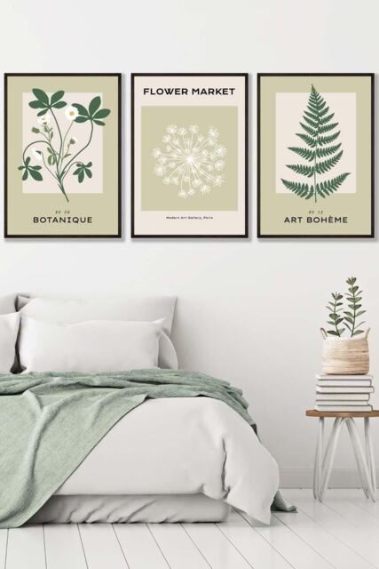 ARTZE Set of 3 Black Framed Vintage Graphical Green Botanical Wall Art in Light Green - Size: W33 cm x H45 cm x D20mm - image 1