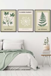 ARTZE Set of 3 Black Framed Vintage Graphical Green Botanical Wall Art in Light Green - Size: W33 cm x H45 cm x D20mm - thumbnail 1
