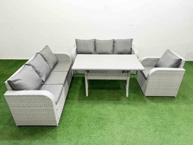 Fimous 7 Seater Poly Rattan Outdoor Garden Furniture Rectangular Dining Table Sofa Set Patio 3 Seater Sofa Reclining Chair 3 Seater Sofa Light Grey - image 1
