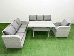 Fimous 7 Seater Poly Rattan Outdoor Garden Furniture Rectangular Dining Table Sofa Set Patio 3 Seater Sofa Reclining Chair 3 Seater Sofa Light Grey - thumbnail 2