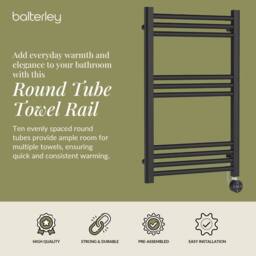 Balterley Electric Round Tube Towel Rail with 10 Bars, 800 x 500mm - Anthracitee in Grey - thumbnail 2