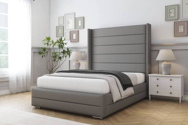 "Comfort Beds Milano Dumfries Bed Frame - 50"" Upholstered Wingback Headboard in Light Grey - Size: Super King" - image 1