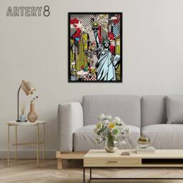 "Artery8 New York Skyline Statue Of Liberty Pop Art Framed Canvas Wall Art Print - Size: W12"" x H16""" - thumbnail 3