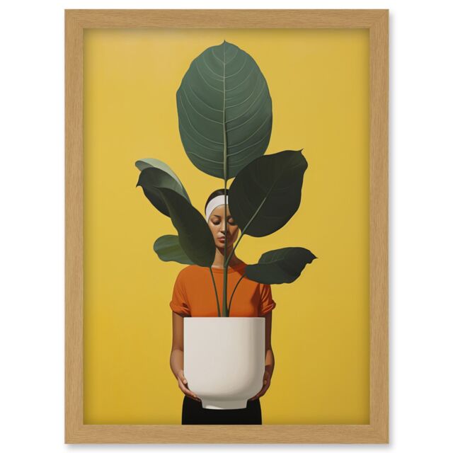Artery8 Wall Art Print Rubber Tree Showcase Realistic Oil Painting Yellow Orange Green Woman with Plant Pot Minimalist Artwork Framed A4 in Light Oak - image 1