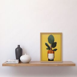 Artery8 Wall Art Print Rubber Tree Showcase Realistic Oil Painting Yellow Orange Green Woman with Plant Pot Minimalist Artwork Framed A4 in Light Oak - thumbnail 2
