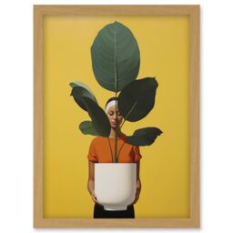 Artery8 Wall Art Print Rubber Tree Showcase Realistic Oil Painting Yellow Orange Green Woman with Plant Pot Minimalist Artwork Framed A4 in Light Oak - thumbnail 1