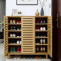 KORVIXA 3Doors Wooden Shoe Storage Cabinet Entryway Shoe Organizer in Natural - Size: 100 cm x 100 cm - thumbnail 1