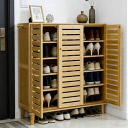 KORVIXA 3Doors Wooden Shoe Storage Cabinet Entryway Shoe Organizer in Natural - Size: 100 cm x 100 cm - thumbnail 3
