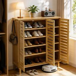 KORVIXA 3Doors Wooden Shoe Storage Cabinet Entryway Shoe Organizer in Natural - Size: 100 cm x 100 cm - thumbnail 4