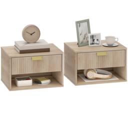 HOMCOM Floating Bedside Tables Set of 2 with Fluted Drawer Open Shelf in Light Brown - Size: 40 cm x 30 cm - thumbnail 2