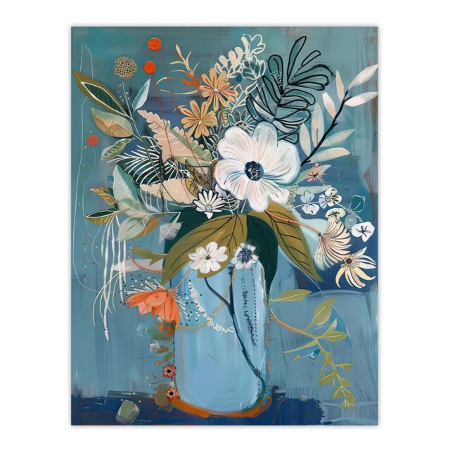 "Artery8 Elegant Botanical Bouquet Flowers in Blue Vase Wall Art Print - Size: W12"" x H16""" - image 1