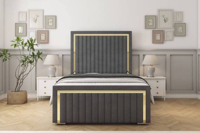 "Sloomy Boston Gold Coniston Frame-Mattress - 50"" Upholstered Headboard in Dark Grey - Size: King" - image 1