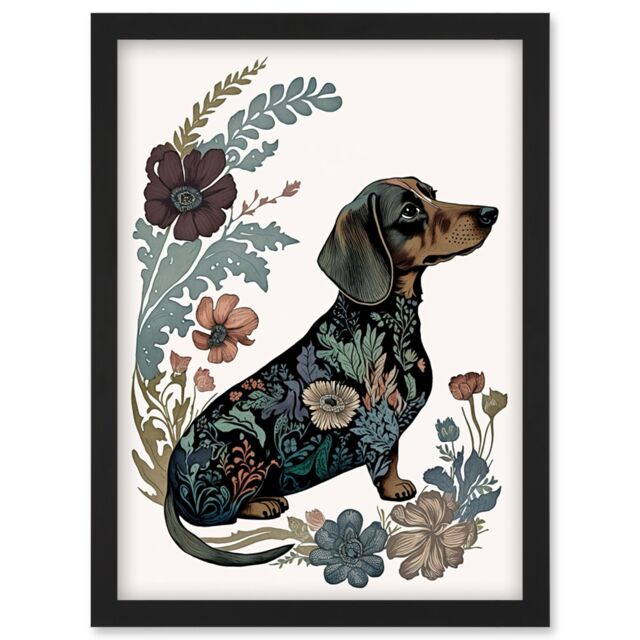 Artery8 Dachshund Shorthaired Dog with Floral Patterns Colourful Modern Illustration Artwork Framed Wall Art Print A4 in Black - image 1