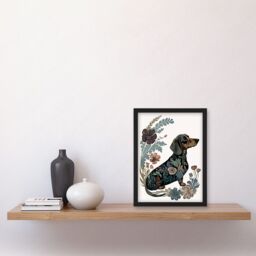 Artery8 Dachshund Shorthaired Dog with Floral Patterns Colourful Modern Illustration Artwork Framed Wall Art Print A4 in Black - thumbnail 2