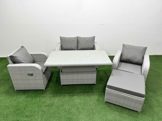 Fimous Light Grey PE Wicker Rattan Garden Furniture Set Sofa Set Reclining Chair Adjustable Lifting Dining or Coffee Table 5 Seater With Footstool - image 1