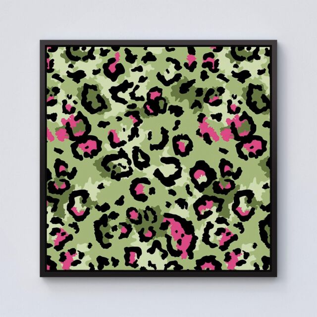 Warren Reed - Designer Green & Pink Leopard Print Framed Canvas in Black - Size: w40 inch x h40 inch - image 1