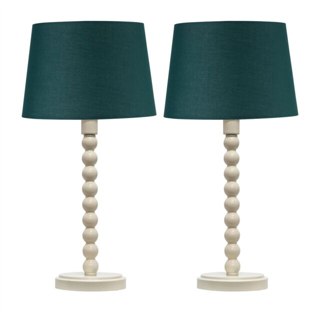 First Choice Lighting Set of 2 Bobbin - Ivory Lamps with Dark Green Cotton Shades in White - image 1
