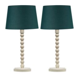 First Choice Lighting Set of 2 Bobbin - Ivory Lamps with Dark Green Cotton Shades in White