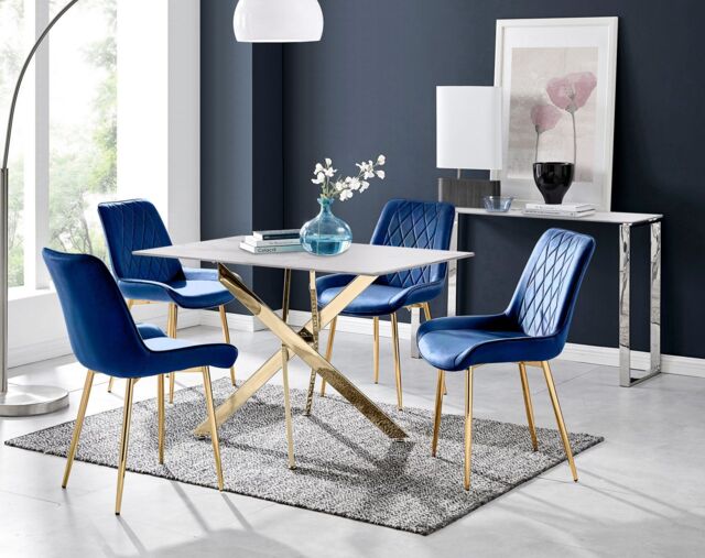 FurnitureboxUK Leonardo White Glass Marble Effect Gold Leg Table & 4 Pesaro Gold Leg Chairs in Navy - image 1