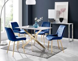 FurnitureboxUK Leonardo White Glass Marble Effect Gold Leg Table & 4 Pesaro Gold Leg Chairs in Navy - thumbnail 1