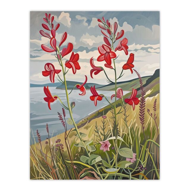 "Artery8 Red Wildflowers on Hunt Cliff Saltburn Yorkshire Wall Art Print in Green - Size: W18"" x H24""" - image 1