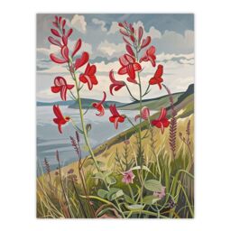 "Artery8 Red Wildflowers on Hunt Cliff Saltburn Yorkshire Wall Art Print in Green - Size: W18"" x H24""" - thumbnail 1