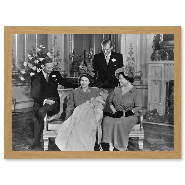Artery8 King Charles III Third of England Christening Queen Elizabeth King George VI Photo Artwork Framed Wall Art Print A4 in Light Oak - image 1