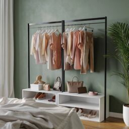 EONLION Wooden Coat Rack with Shelf & Metal Hanging Rail in Light Oak - thumbnail 6