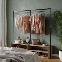EONLION Wooden Coat Rack with Shelf & Metal Hanging Rail in Light Oak - thumbnail 4