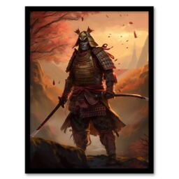 Artery8 Wall Art Print Fierce Samurai Warrior Concept Painting Warrior in O-yoroi Armour Prepared for Battle at Sunrise in Autumn Forest Landscape - thumbnail 1