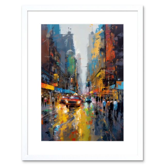 "Artery8 Wall Art Print New York City Street Taxi Traffic Modern Cityscape Artwork Framed 9X7 Inch in White - Size: W7"" x H9""" - image 1