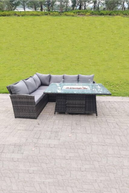 Fimous High Back Corner Rattan Sofa Gas Fire Pit Dining Table Gas Heater Sets 6 Seater in Dark Grey - image 1