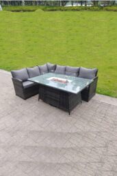 Fimous High Back Corner Rattan Sofa Gas Fire Pit Dining Table Gas Heater Sets 6 Seater in Dark Grey - thumbnail 3
