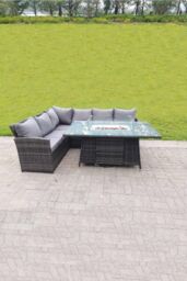 Fimous High Back Corner Rattan Sofa Gas Fire Pit Dining Table Gas Heater Sets 6 Seater in Dark Grey - thumbnail 1