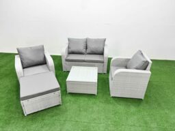 Fimous Light Grey PE Wicker Rattan Garden Furniture Set Sofa Set Reclining Adjustable Chair Square Coffee Table 5 Seater With Footstool - thumbnail 2